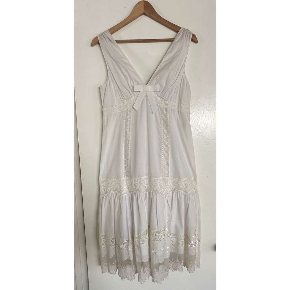 Rickie Freeman Teri Jon White Lace Embroidered Cotton Tiered Midi Dress Bow  6